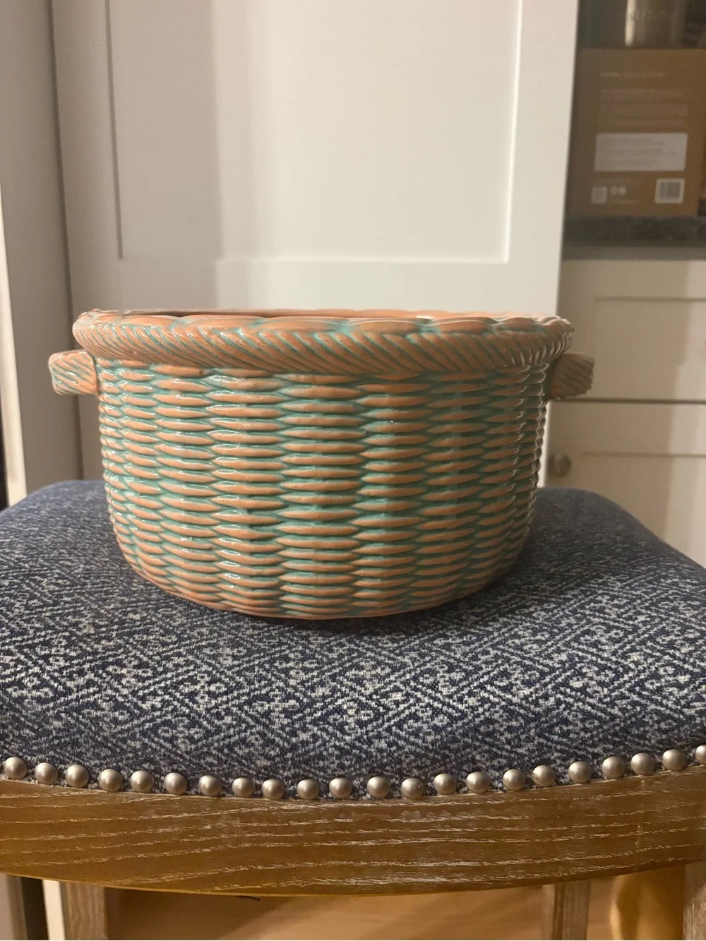 Peach & Aqua Glazed Baking Dish with Basketweave Design